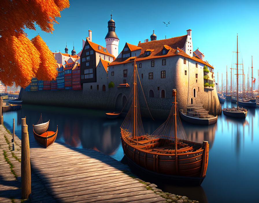 Medieval European castle by serene lake with autumn foliage at sunset