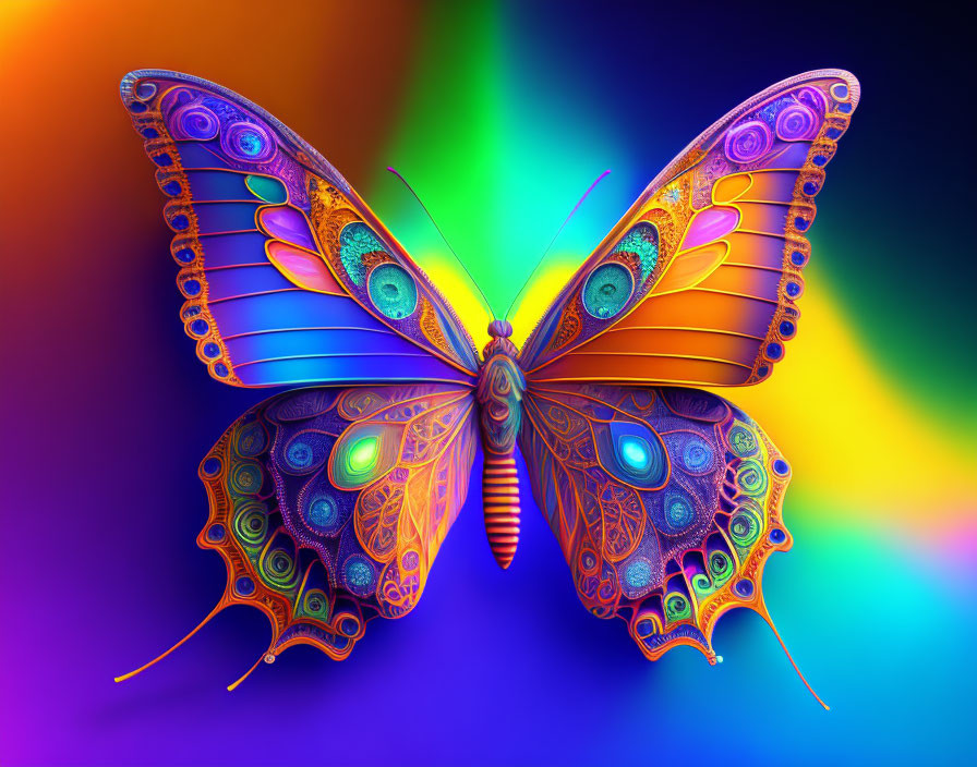 Colorful Butterfly Artwork with Intricate Wing Patterns on Rainbow Background