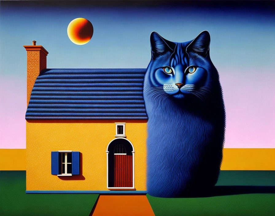 Surreal artwork: Oversized blue cat, small house with red door, orange sun sky