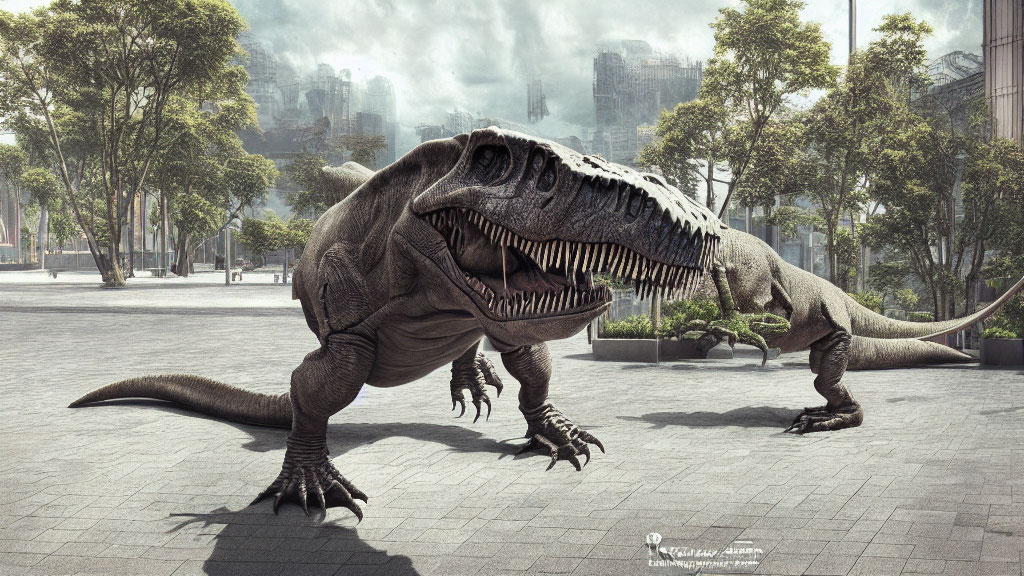 Menacing Tyrannosaurus rex in modern city plaza