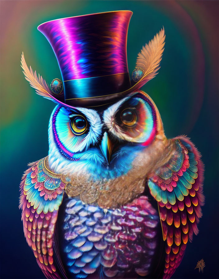 Colorful Stylized Owl in Top Hat on Blurry Background