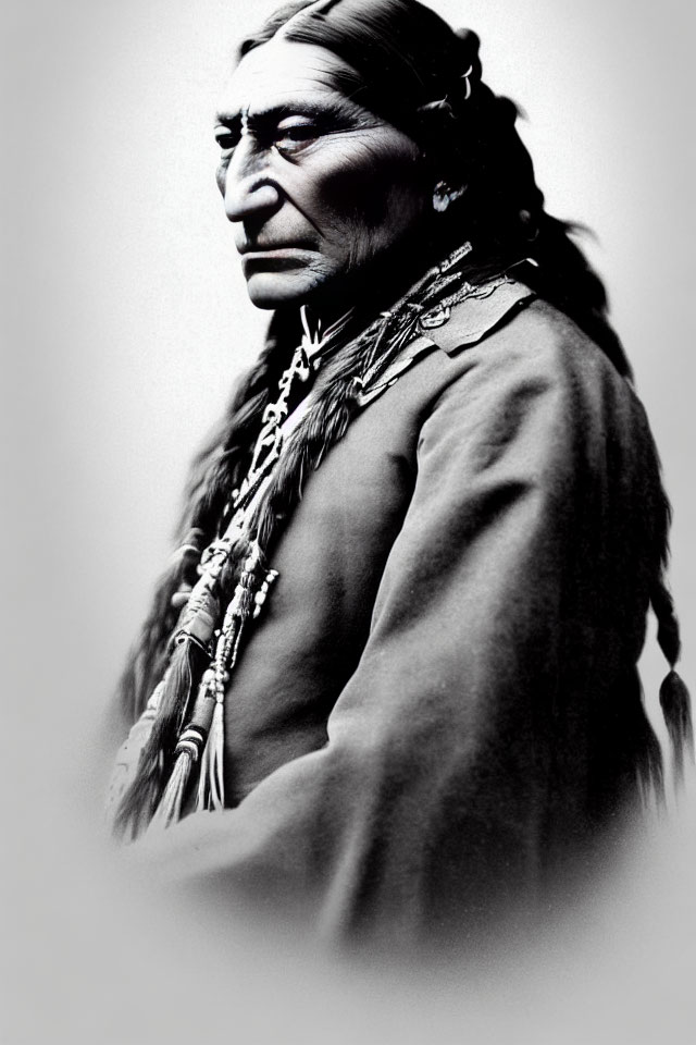 Monochrome portrait of a Native American man with braided hair in fringed garment.