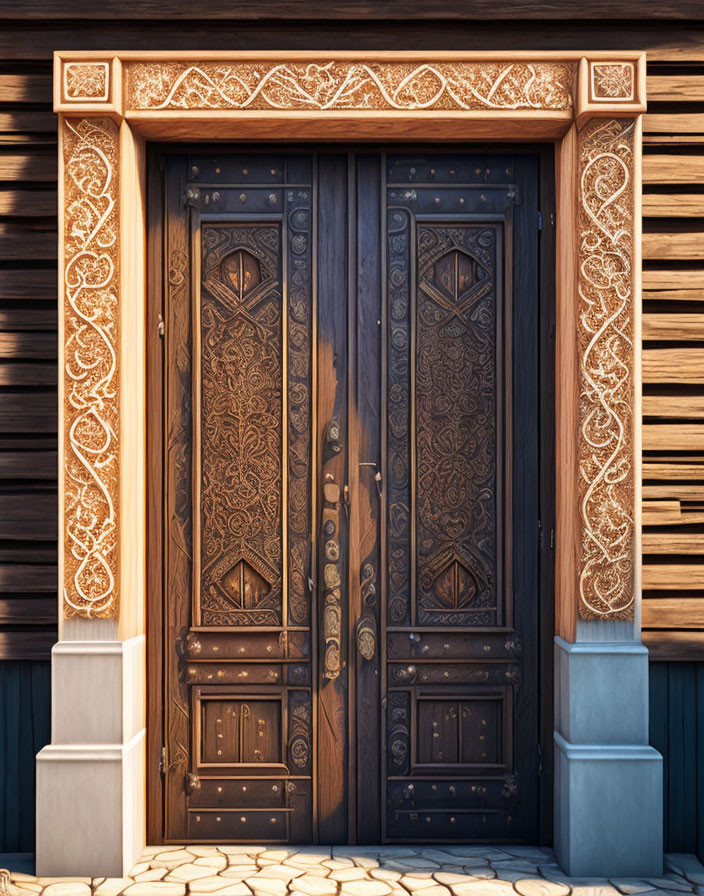 Intricate Carved Wooden Double Doors in Stone Entrance