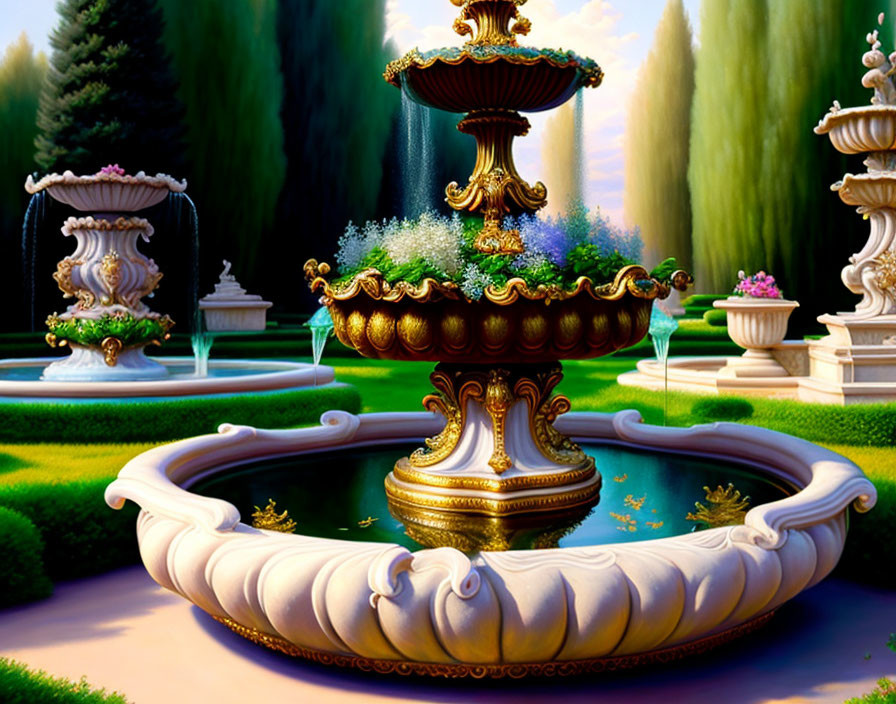 Baroque-style garden with artistic fountains and lush greenery