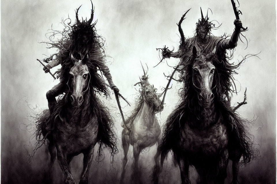 Three ghostly horsemen in armor with weapons emerge from misty backdrop