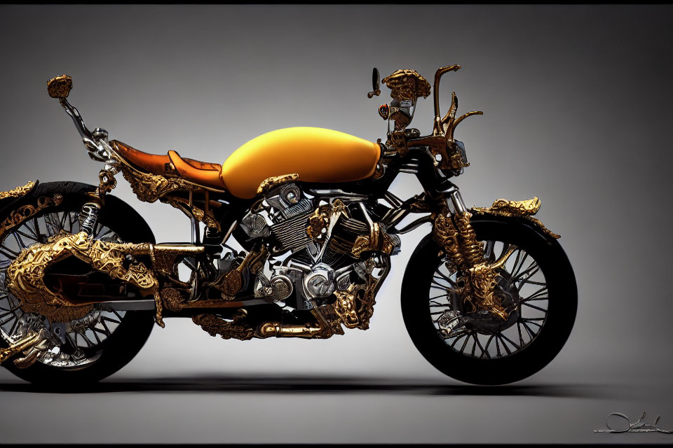 Custom Motorcycle with Ornate Golden Detailing and Burnt Orange Seat on Grey Background