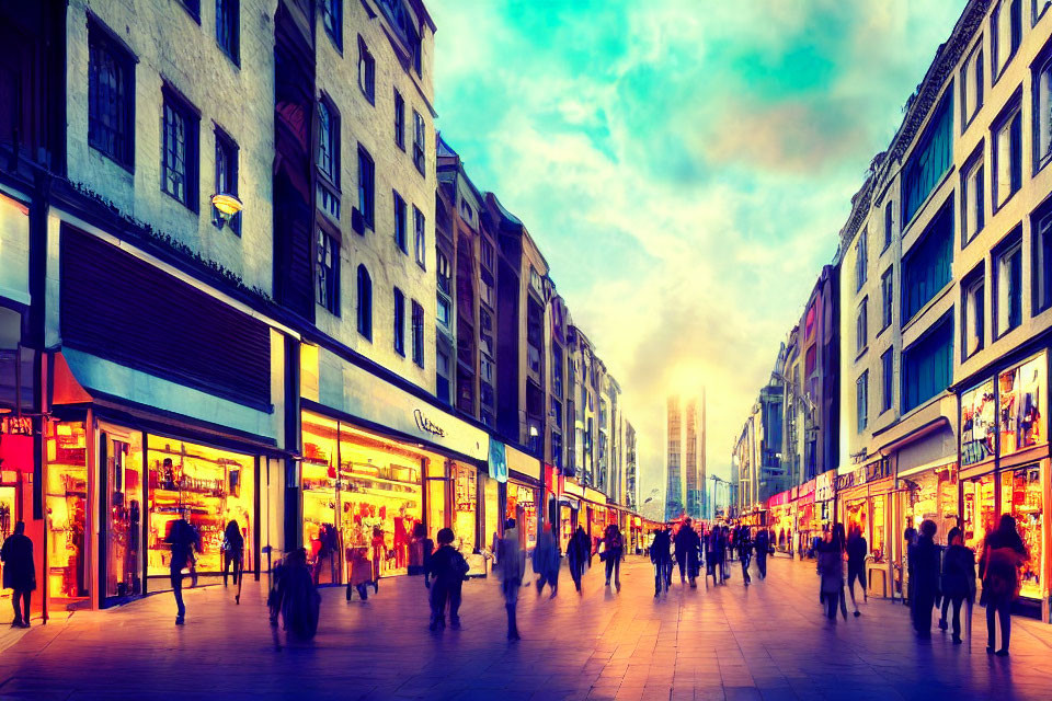 Vibrant Dusk City Street with Illuminated Shopfronts