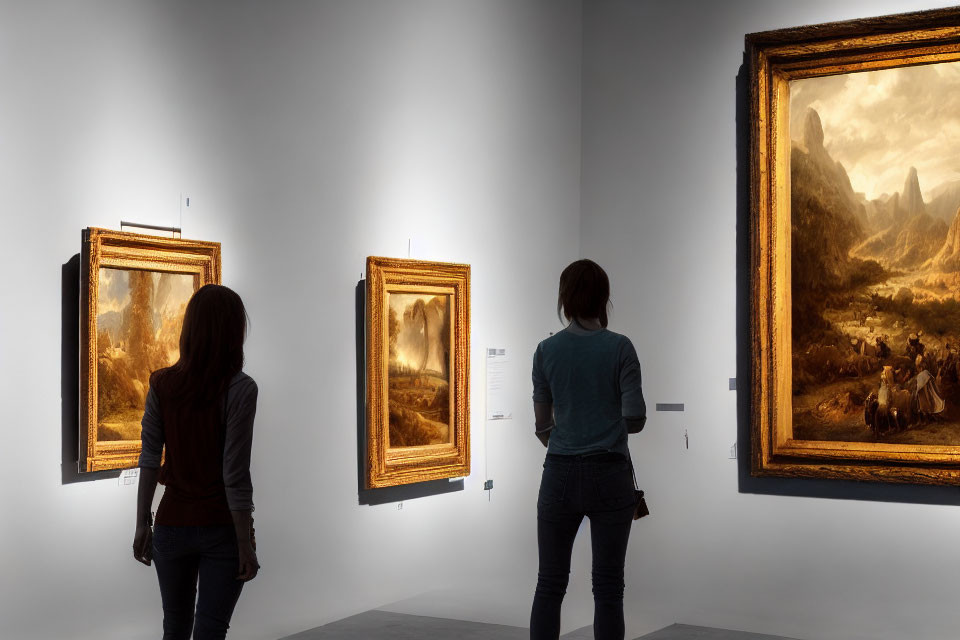 Two individuals admiring paintings in art gallery, featuring large landscape artwork.