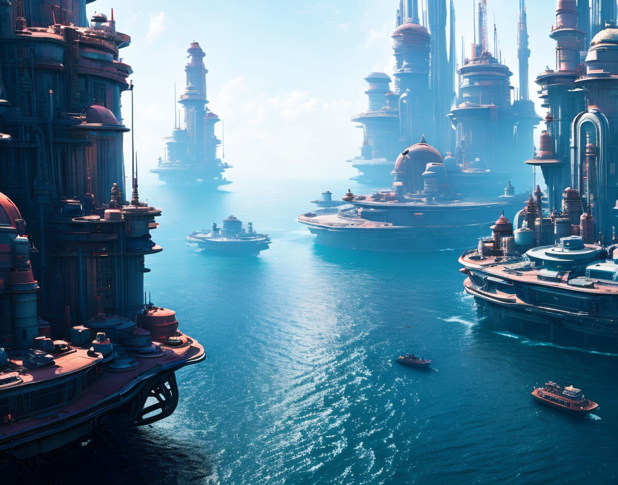 Towering futuristic cityscape over tranquil sea