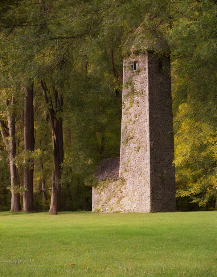 Stone tower and building surrounded by lush green trees and grassy lawn.