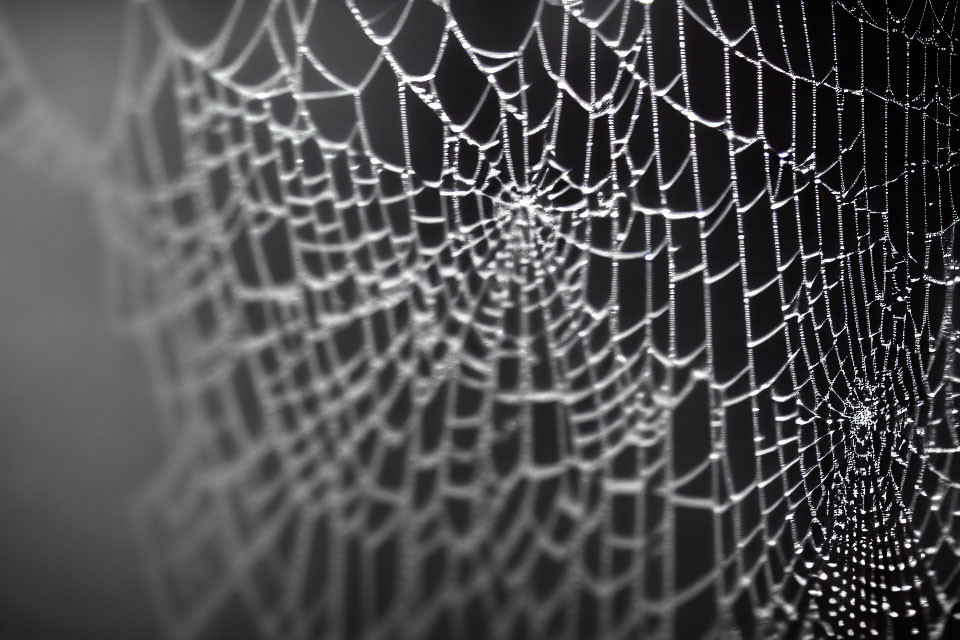 Detailed Close-up of Dew-Covered Spiderweb on Gray Background