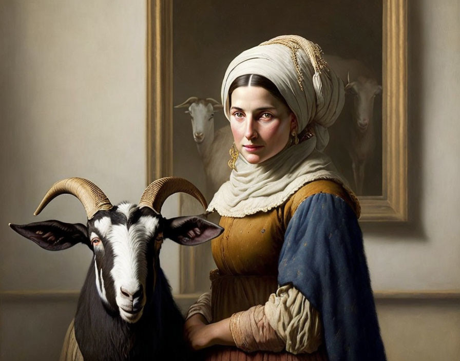 Traditional Attire Woman with White Headdress Beside Goat in Classical Portrait Style