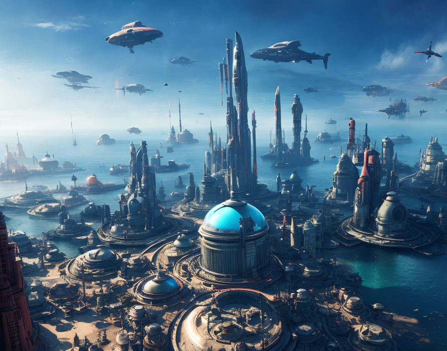 Futuristic cityscape with skyscrapers, flying vehicles, and blue-domed structure