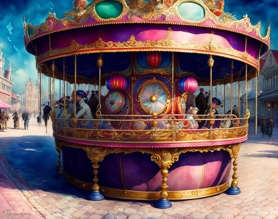 Vibrant purple and gold ornate carousel in bustling square under blue sky