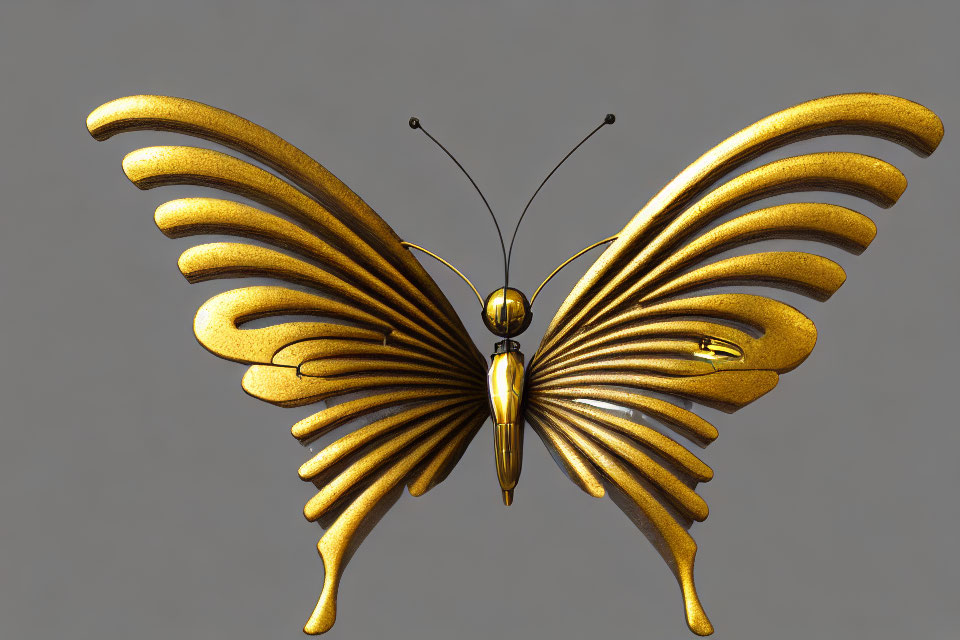 Golden metallic butterfly sculpture with elongated wings on neutral background