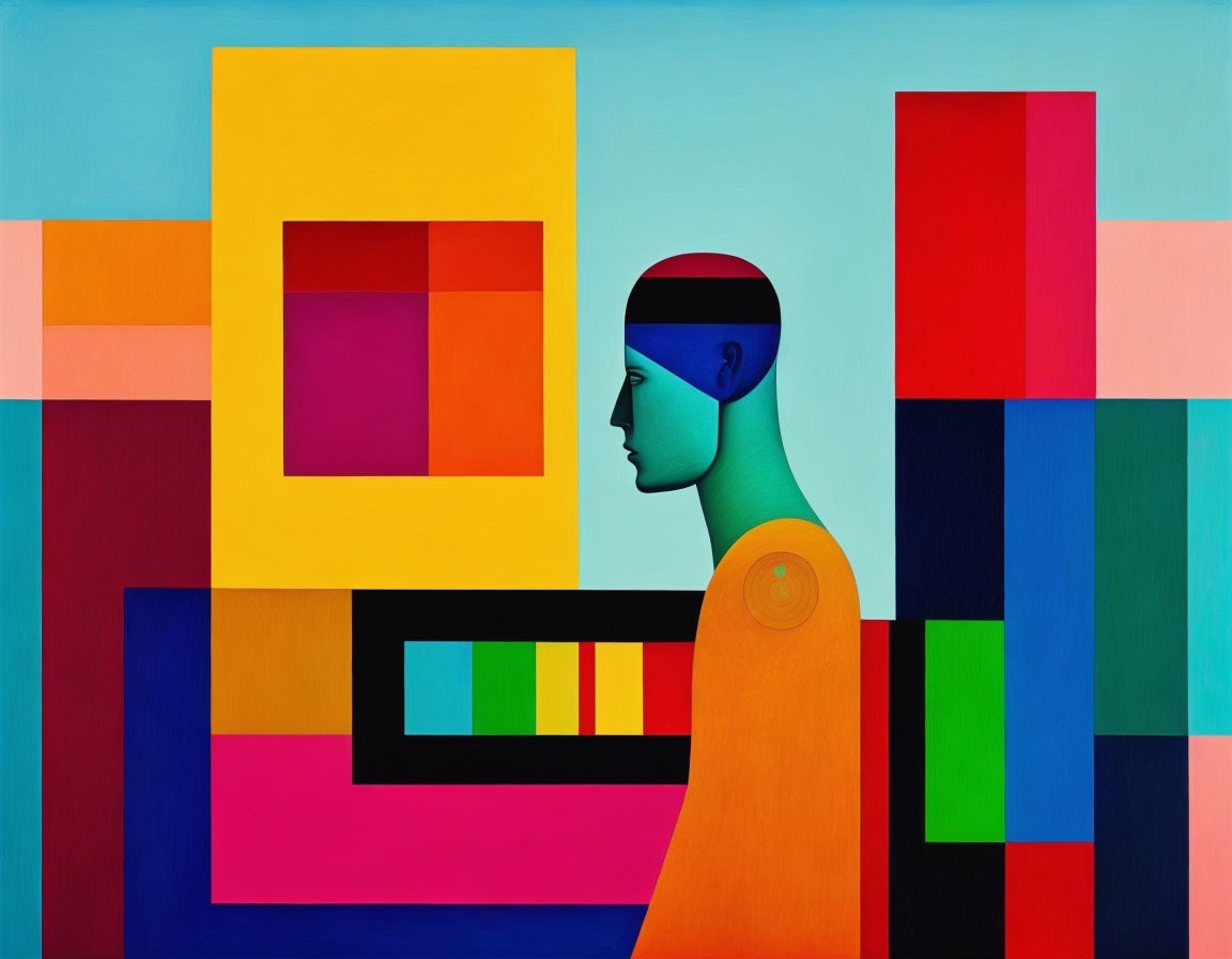 Colorful Abstract Painting Featuring Human Profile and Geometric Shapes