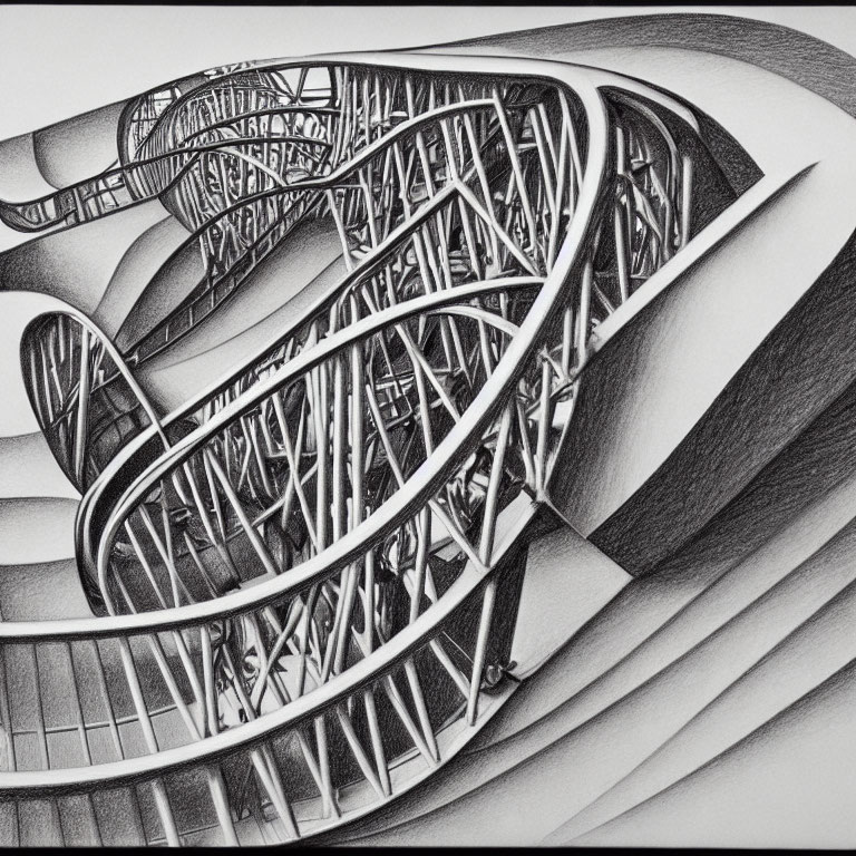 Intricate black and white abstract drawing with swirling patterns and optical illusion