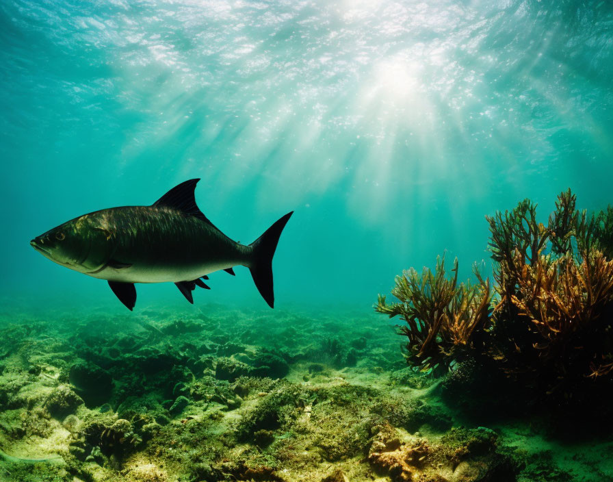 Underwater Scene: Fish Swimming Above Coral Reef