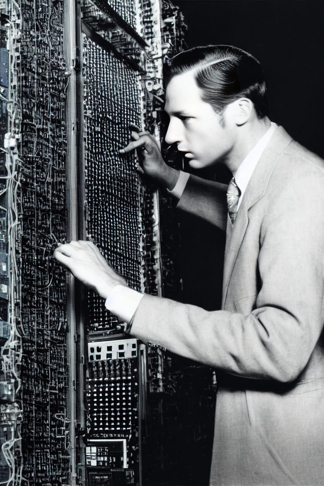 Businessman inspects intricate electronic equipment with cables and circuits