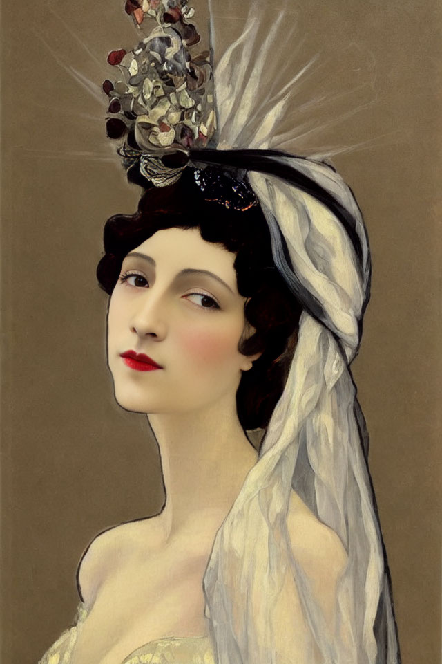 Portrait of Woman with White Headdress and Red Lips on Beige Background