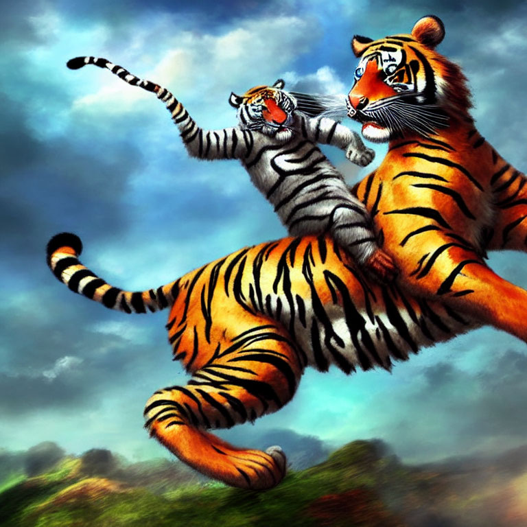 Animated tigers engage in mid-air combat against dramatic sky.