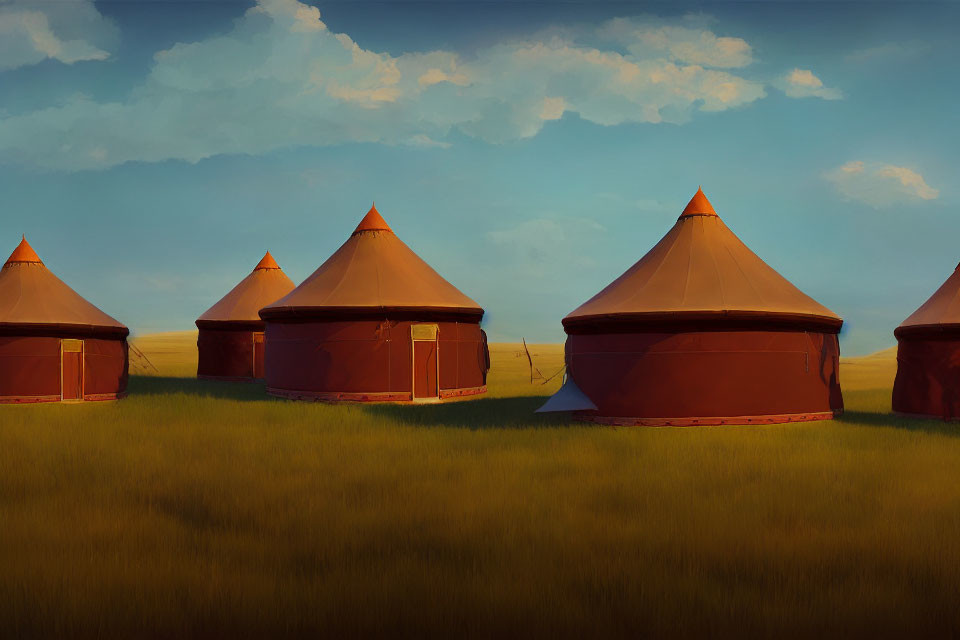 Traditional conical roof tents in grassy field under clear sky at dusk or dawn