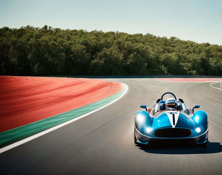 Blue vintage race car with white stripe and number 7 on vibrant track with red and green curbs