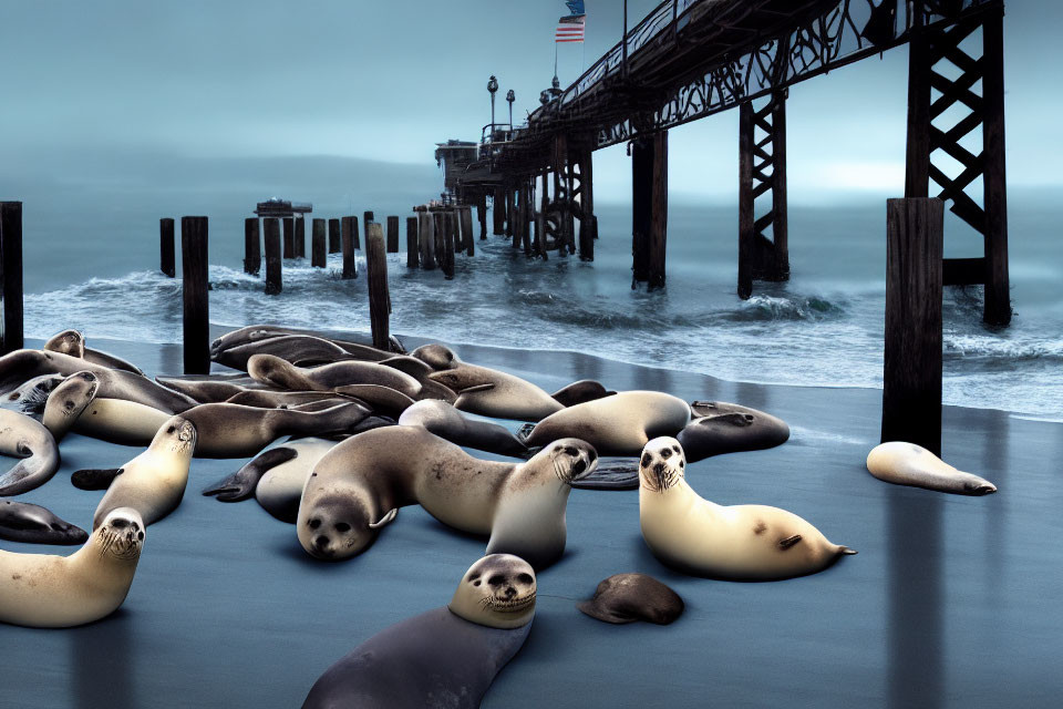 Seals lounging on wet shoreline under moody sky