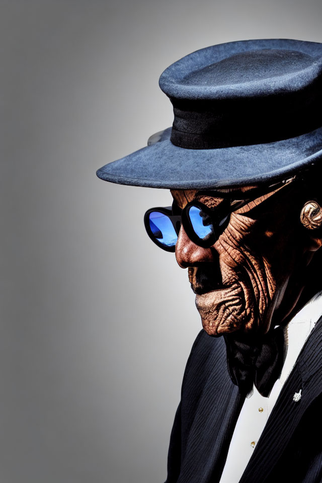 Elderly person in fedora, round sunglasses, black suit, bow tie