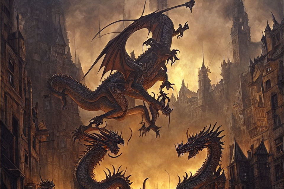 Majestic dragon with widespread wings among towering gothic spires