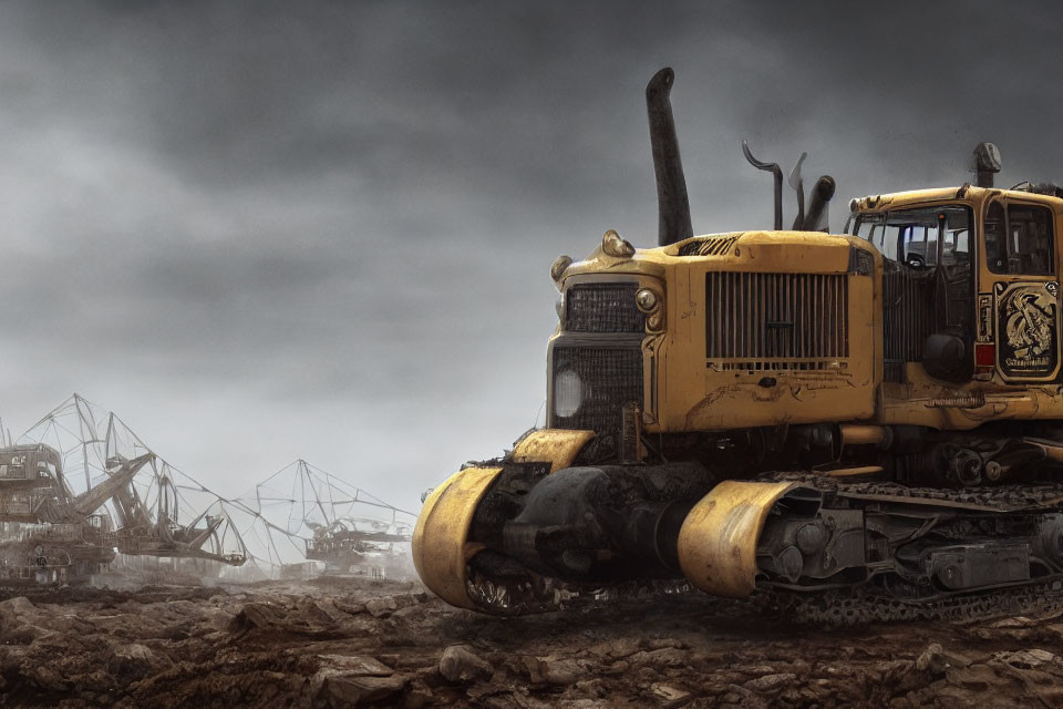 Yellow bulldozer and cranes on construction site under cloudy sky