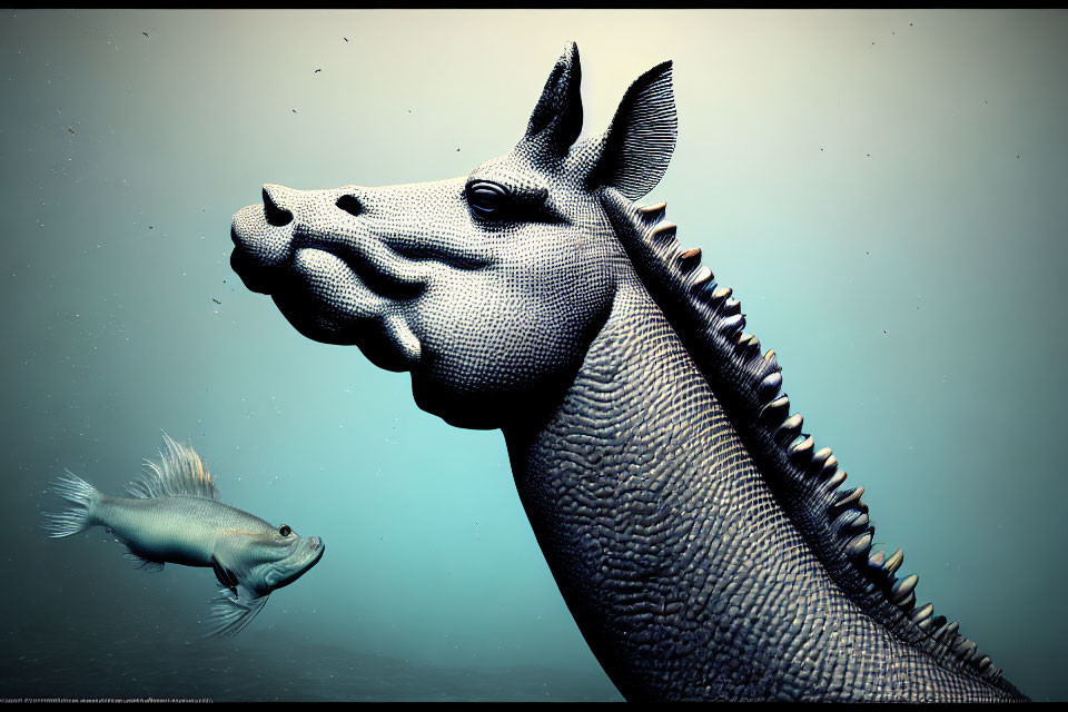 Stylized rhinoceros and fish with scale-like textures on dark background