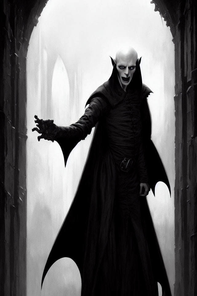 Sinister pale figure in dark cloak with pointed ears and sharp teeth.