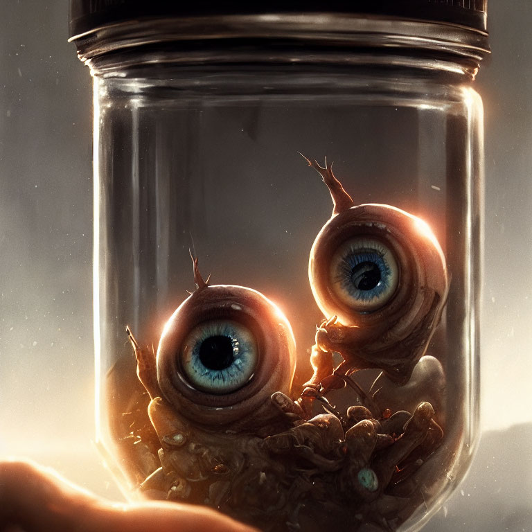 Detailed Eyes Encased in Glass Jar with Warm Glow