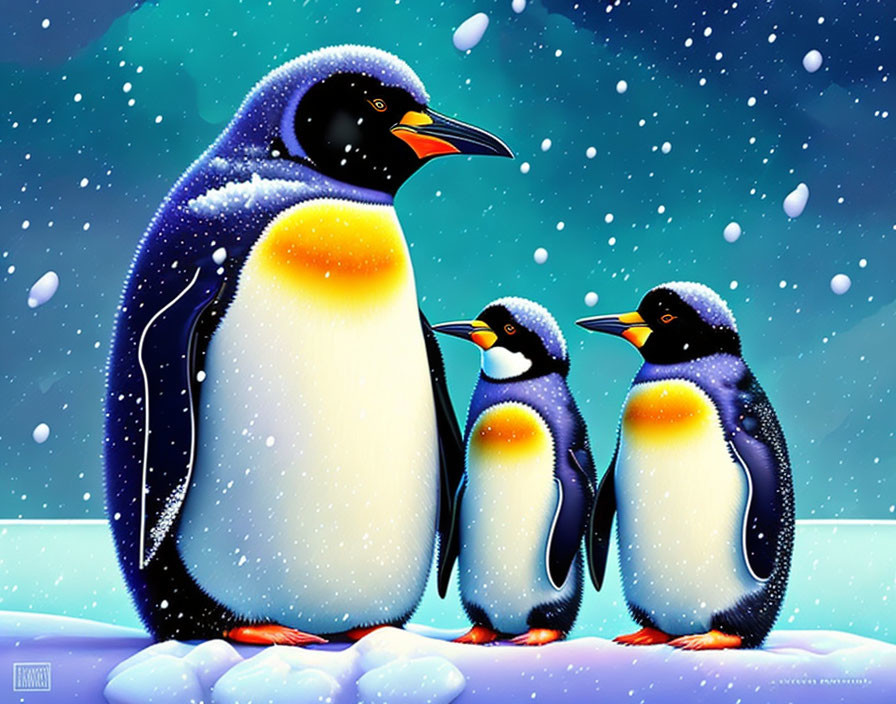 Colorful Cartoon Penguins on Icy Ground