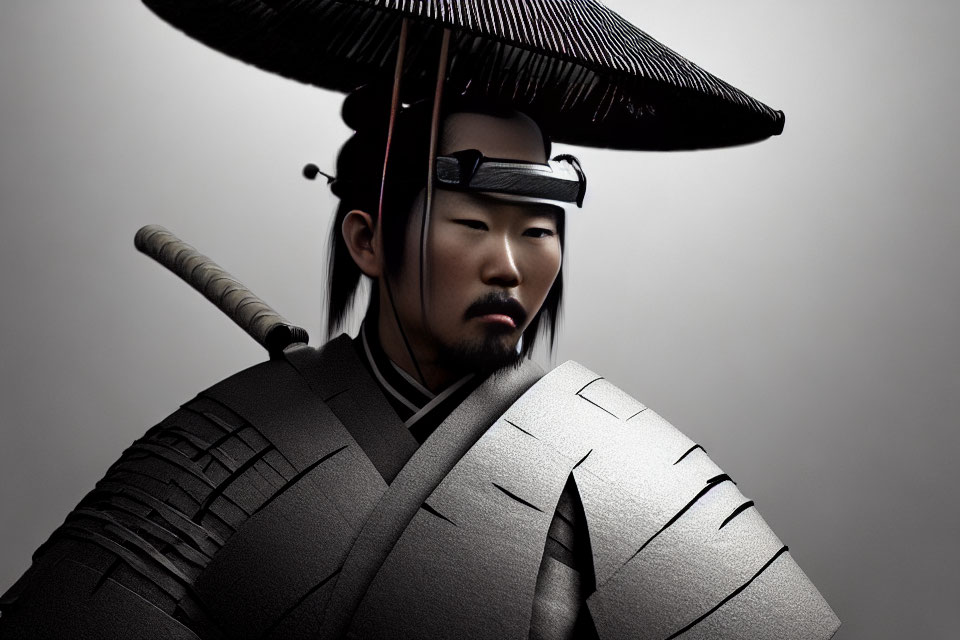 Traditional Samurai in Armor with Katana Sword and Conical Hat