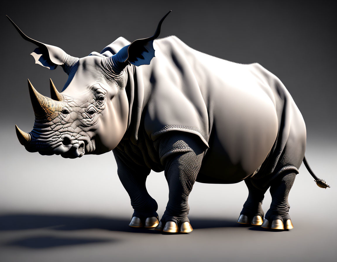 Exaggerated rhinoceros digital art with gold accents on gray background