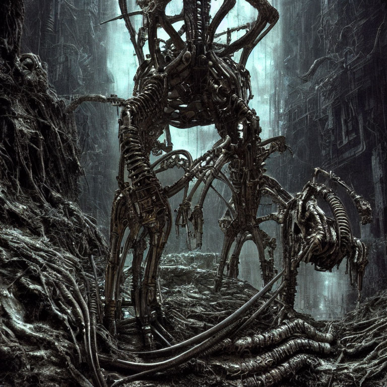 Eerie biomechanical structures in a dark, Gothic setting