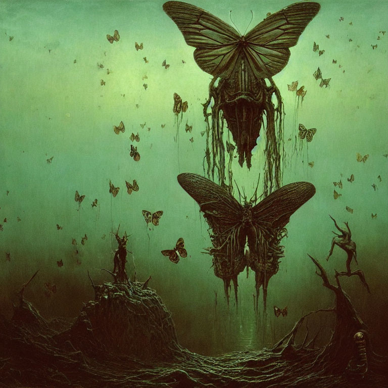 Surreal green-toned artwork with oversized butterflies, desolate landscape, and solitary figure