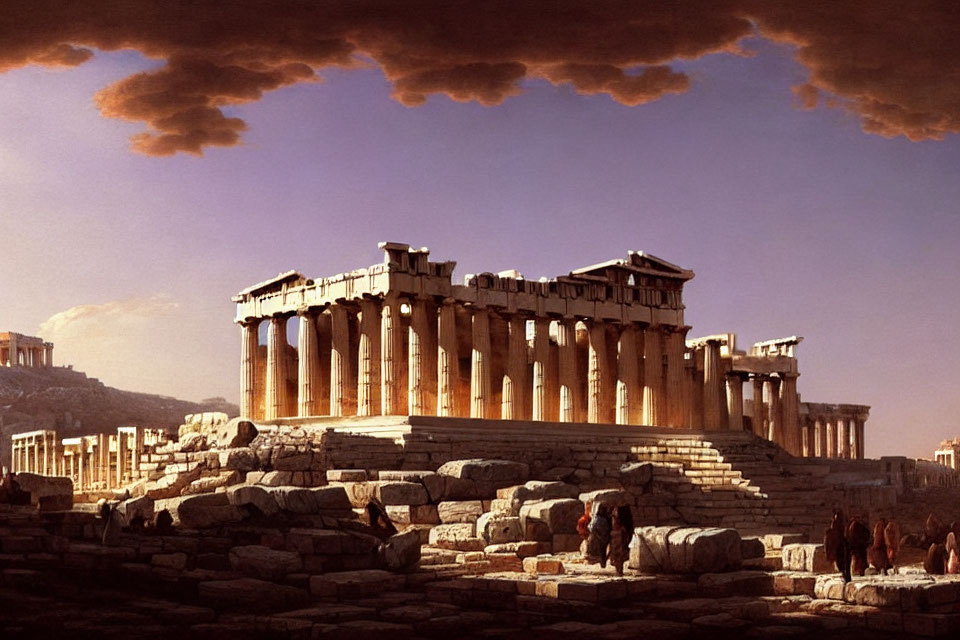 Ancient Parthenon Painting with Dramatic Sky and Classical Figures