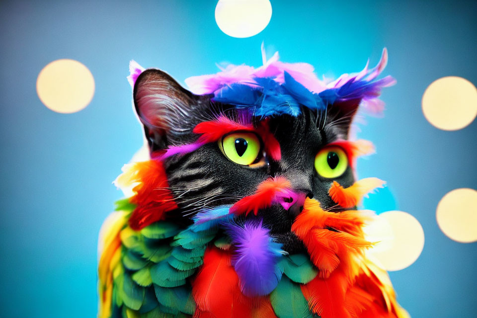 Black Cat in Colorful Feather Boa on Blue Bokeh Background