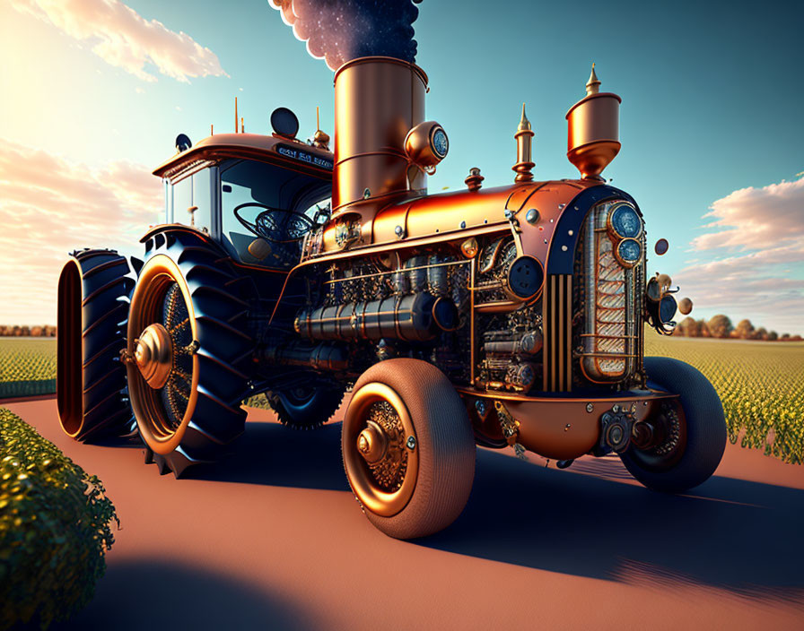 Detailed Steampunk-Inspired Tractor in Sunset Farm Scene