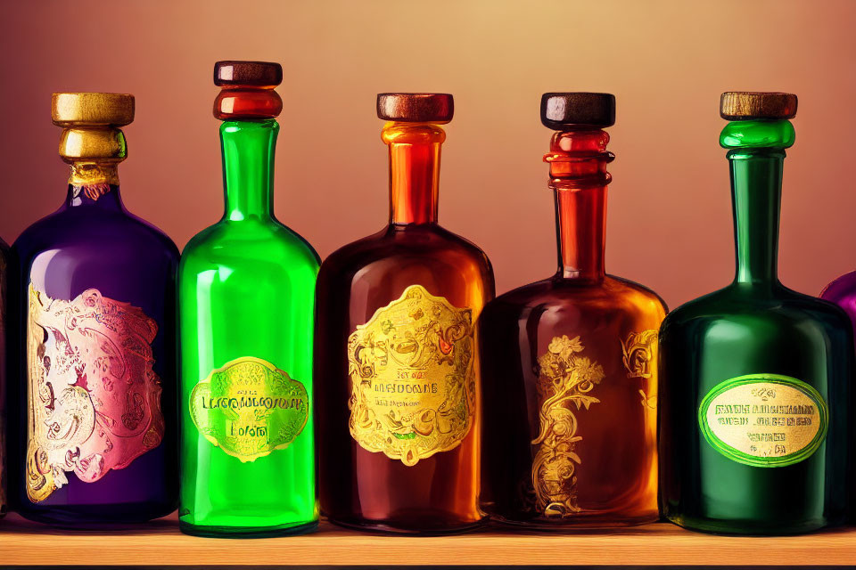 Vintage Bottles with Ornate Labels in Purple, Green, Amber, and Teal