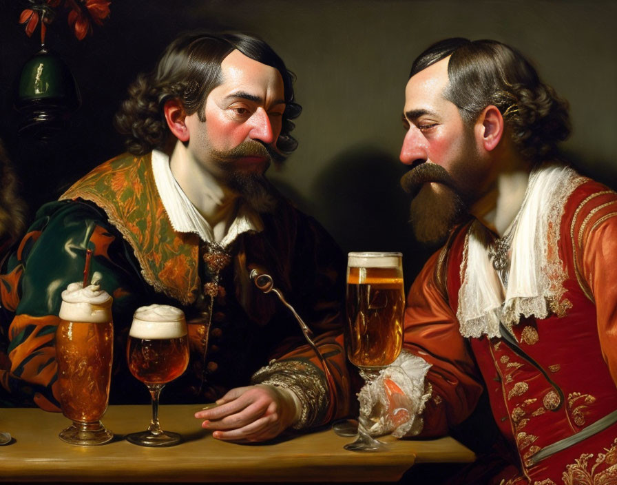 Two men in historical attire with pints of beer in a dark tavern setting