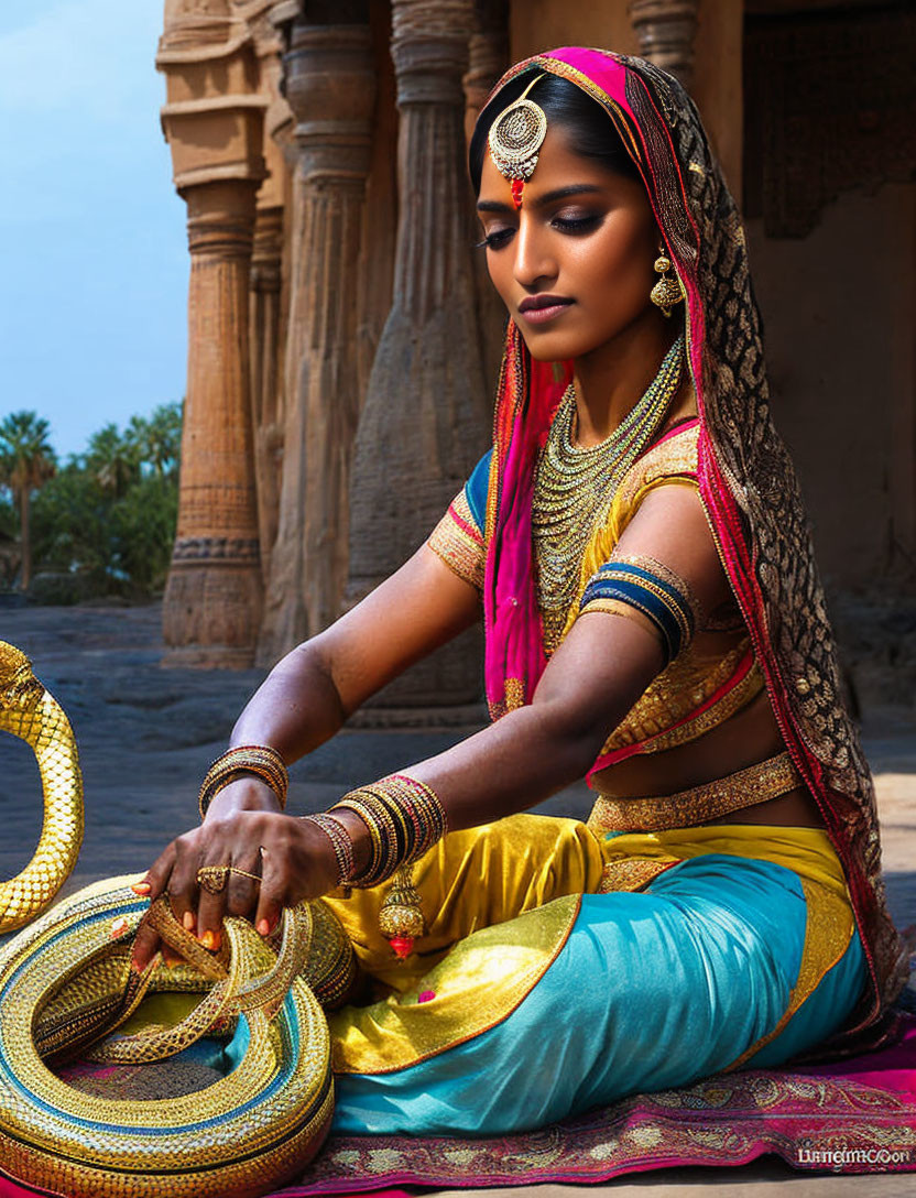 Traditional Indian Attire Woman with Intricate Jewelry and Historic Architecture