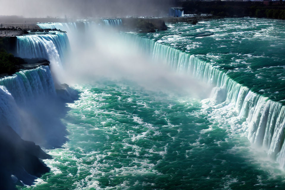 Aerial View of Niagara Falls with Mist and Sunlight