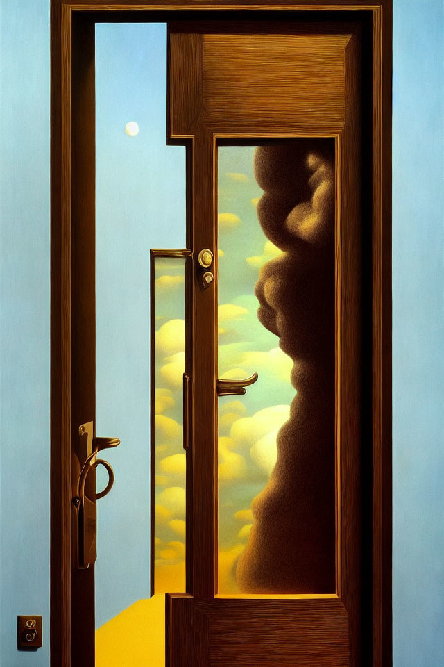 Surreal painting: Open door to sky with face profile and moon