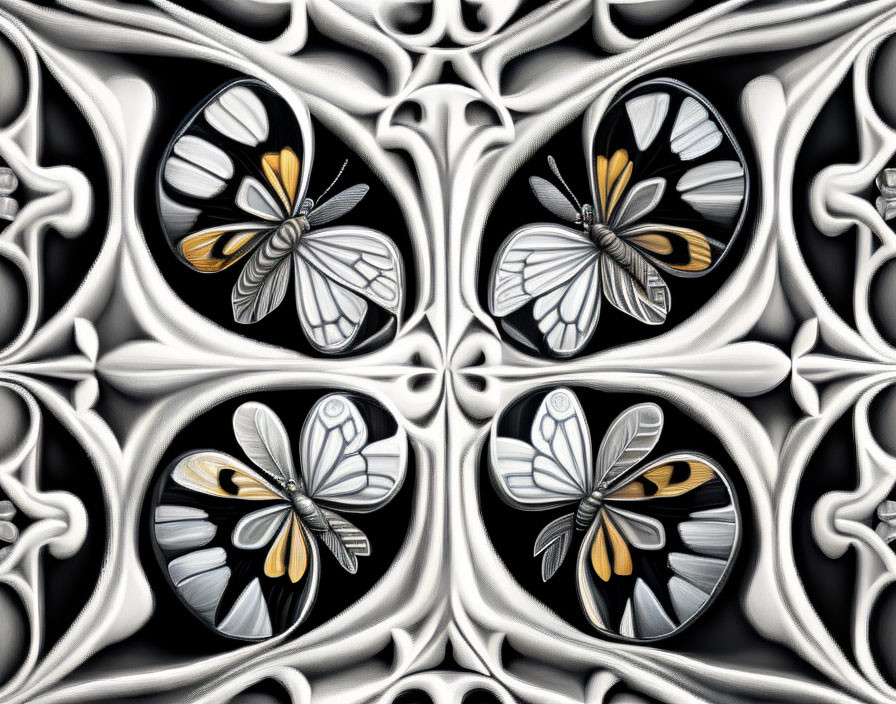 Symmetrical digital artwork of stylized butterflies in black and white patterns