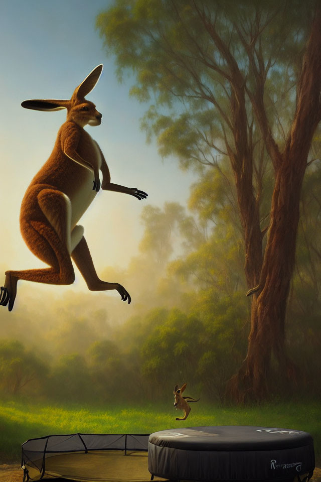 Floating kangaroo mid-jump over trampoline, with smaller kangaroo in serene landscape