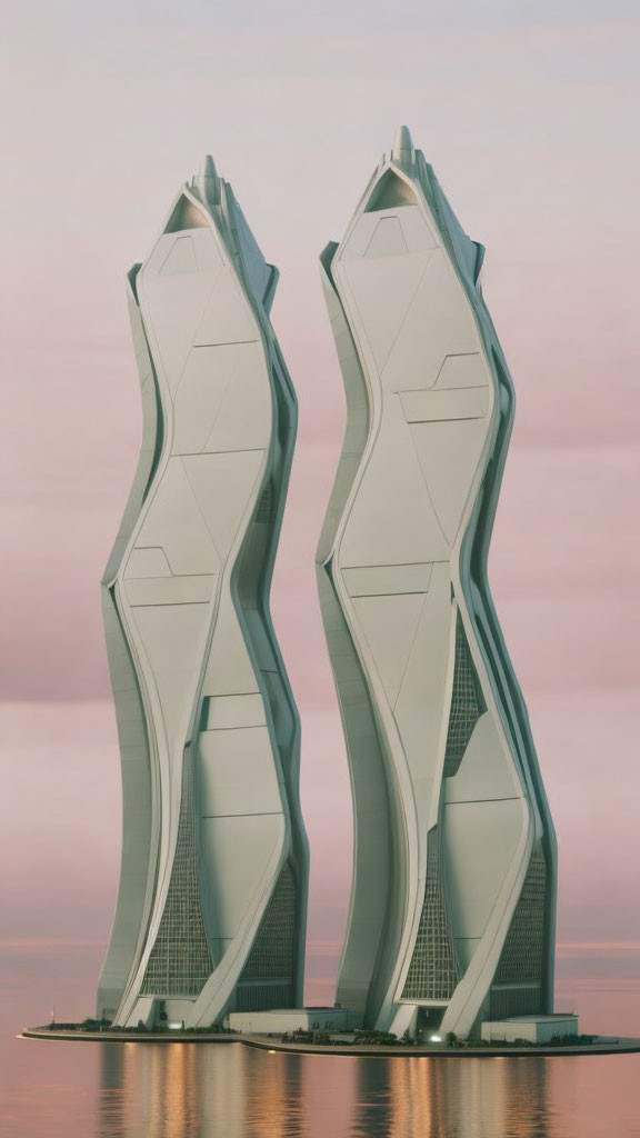 Futuristic twin skyscrapers with curvilinear design in pastel sky